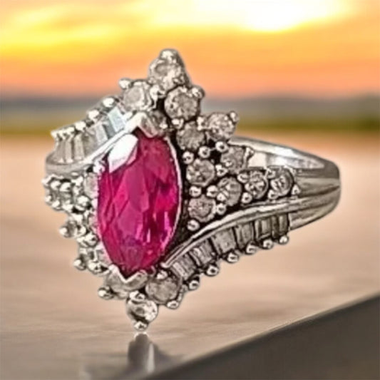 Sterling Silver Marquise-Cut Pink Sapphire & White Sapphire Ring (Size 6 1/2)