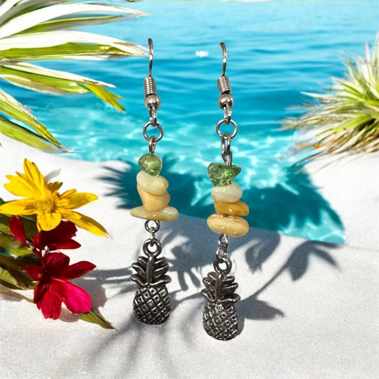 Tropical Pineapple Gemstone Earrings – Beach Vibes with Real Gemstone Chips
