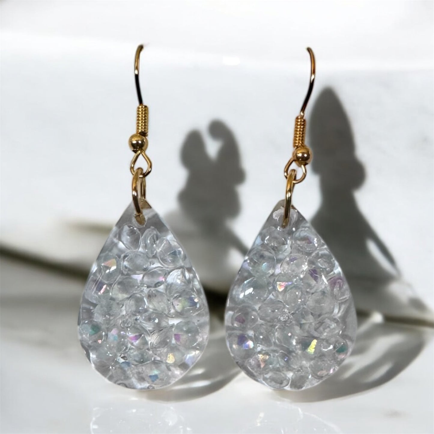 Crystal Raindrop Resin Earrings – Iridescent Teardrops with Golden Hooks