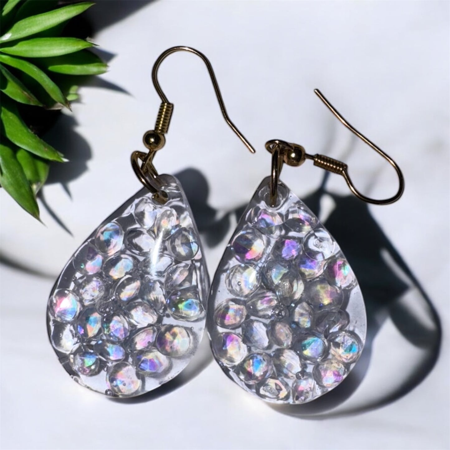 Crystal Raindrop Resin Earrings – Iridescent Teardrops with Golden Hooks