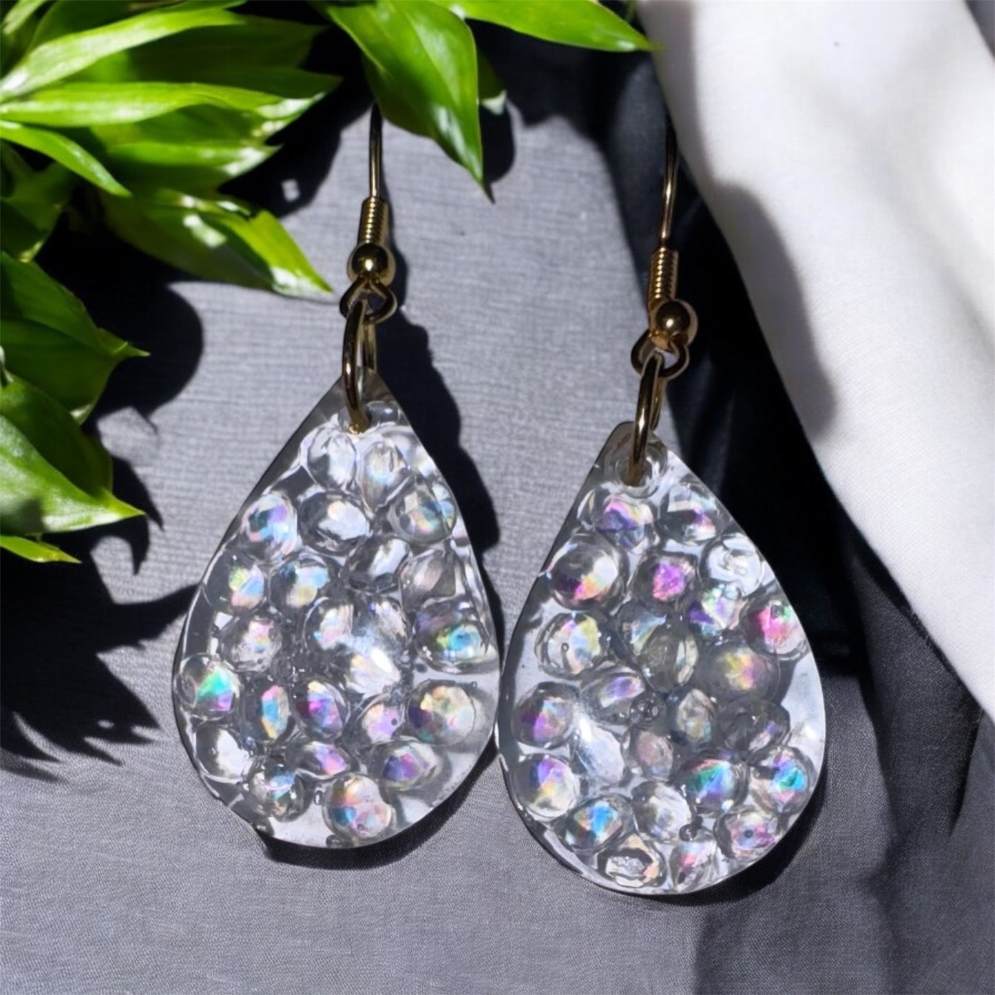 Crystal Raindrop Resin Earrings – Iridescent Teardrops with Golden Hooks