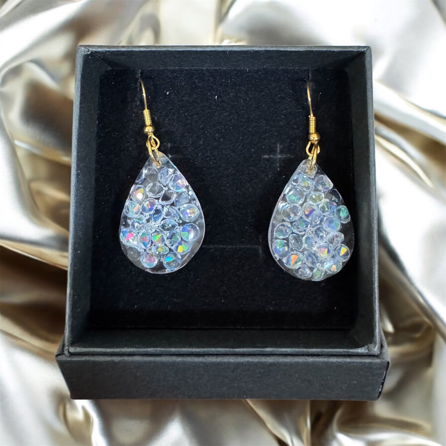 Crystal Raindrop Resin Earrings – Iridescent Teardrops with Golden Hooks