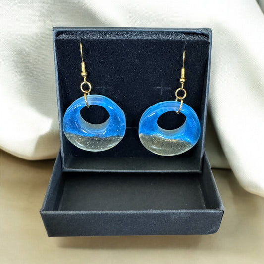Ocean Breeze Resin Earrings – Gold & Blue Round Dangle Design