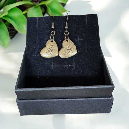 “I Love You” Heart Charm Earrings – Vintage-Inspired Love Tokens