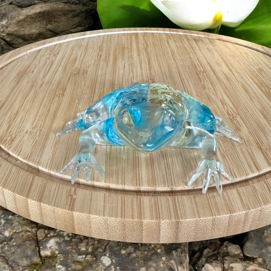 Handmade Clear & Blue Floral Resin Frog Sculpture – Botanical Pond Art