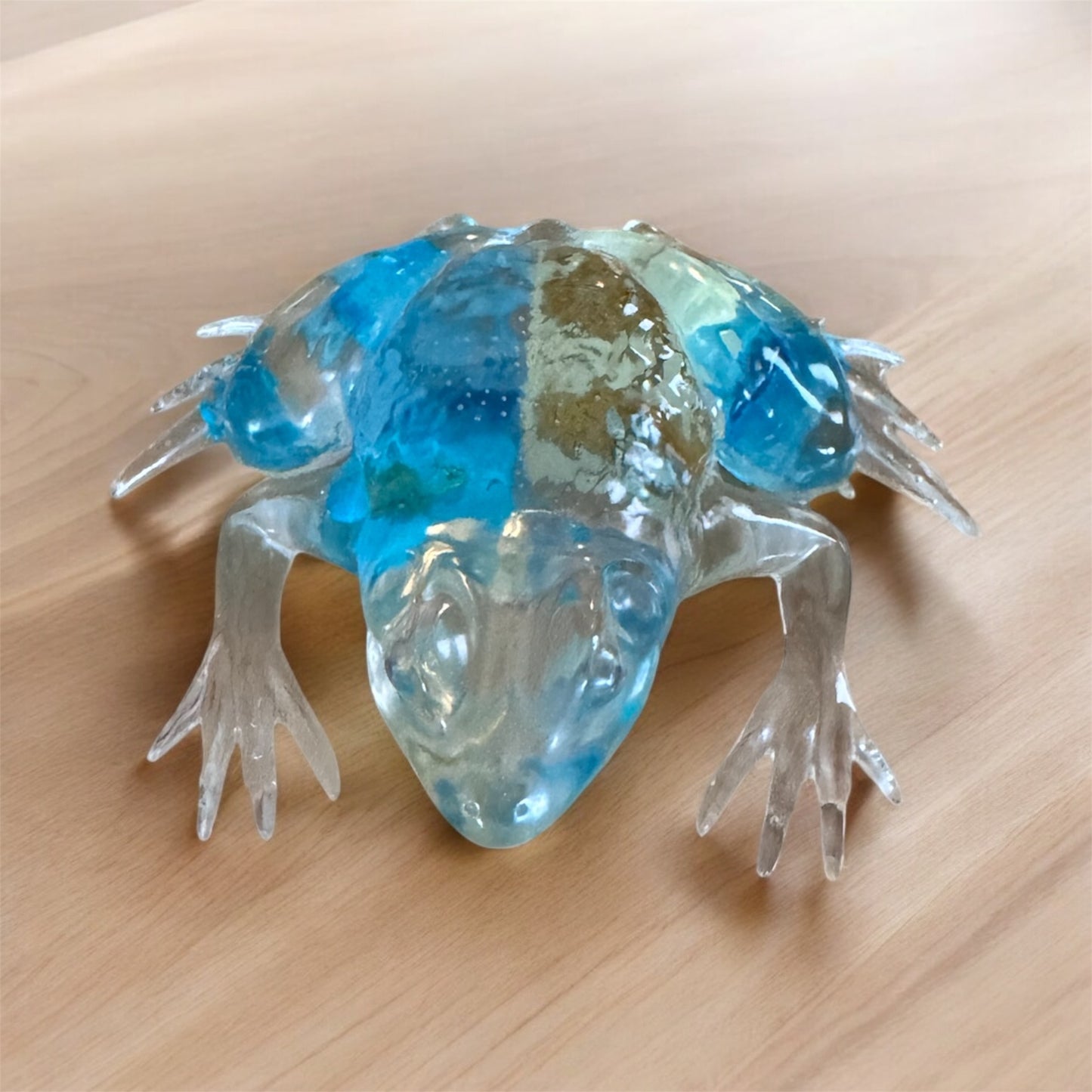 Handmade Clear & Blue Floral Resin Frog Sculpture – Botanical Pond Art
