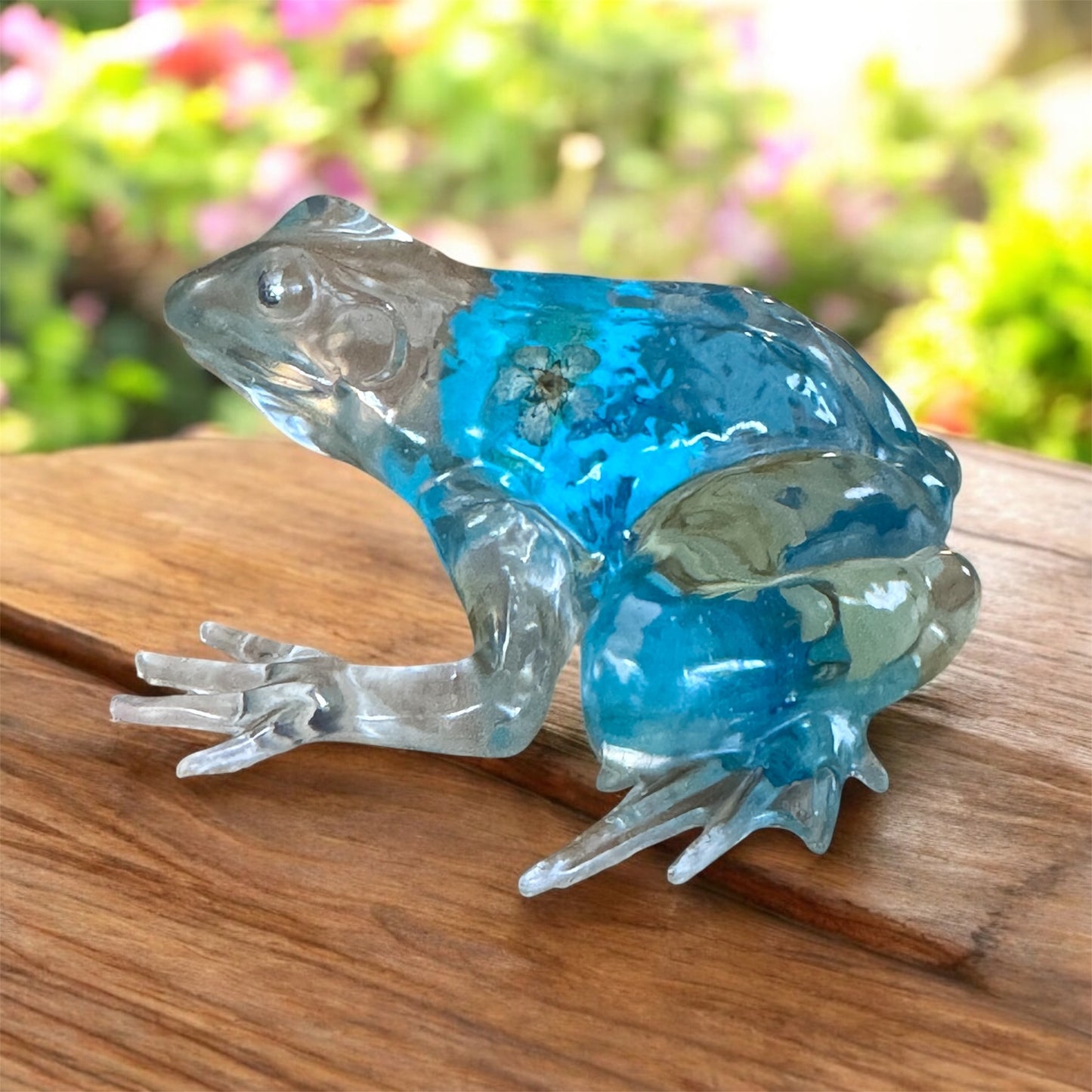 Handmade Clear & Blue Floral Resin Frog Sculpture – Botanical Pond Art