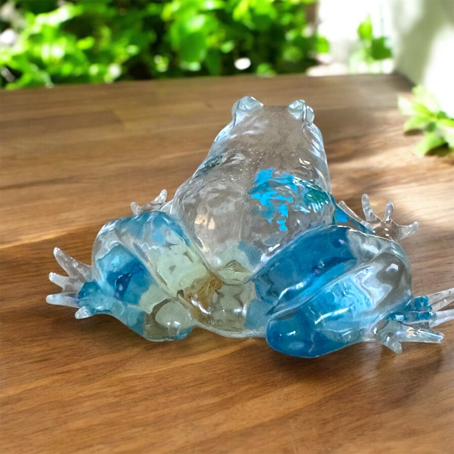 Handmade Clear & Blue Floral Resin Frog Sculpture – Botanical Pond Art