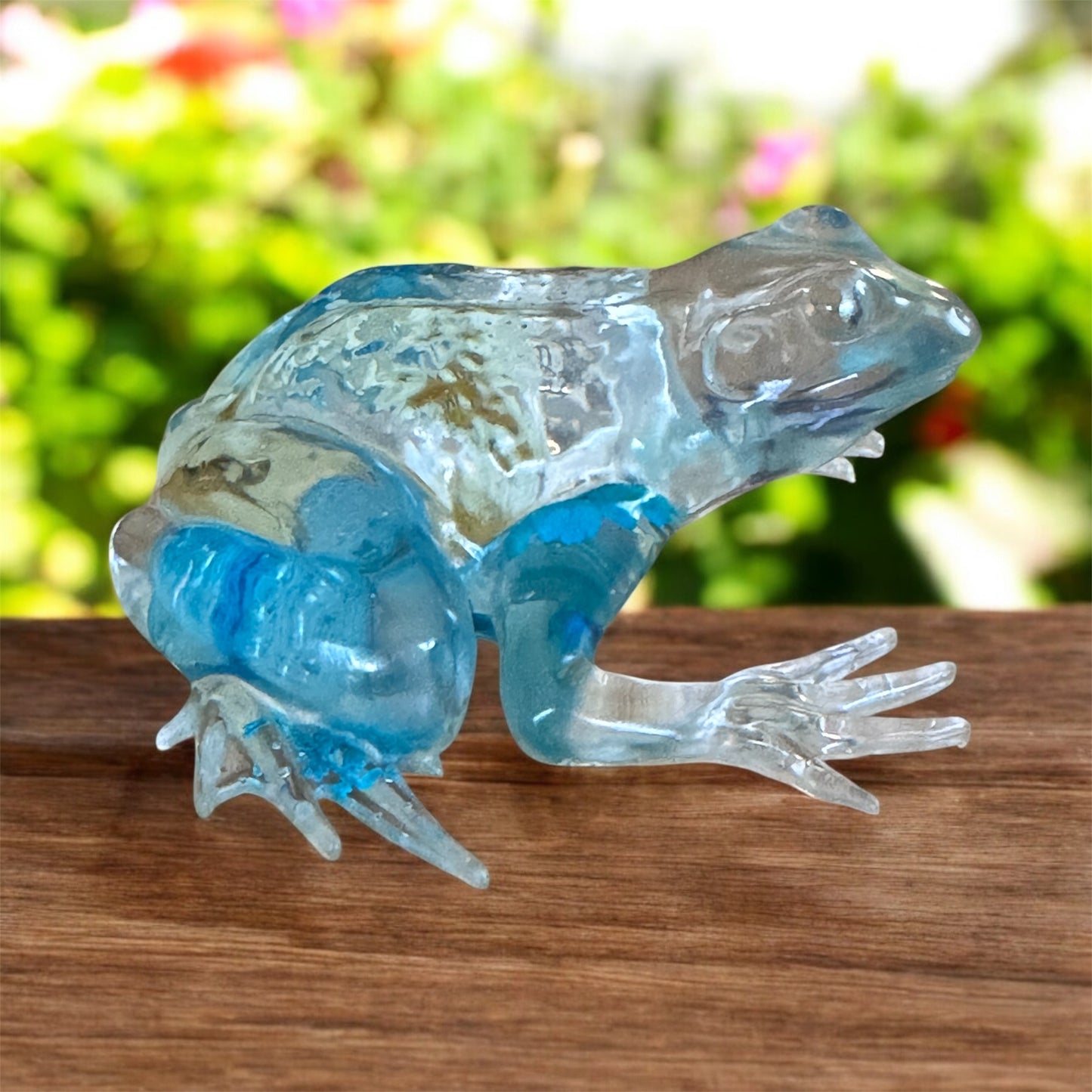 Handmade Clear & Blue Floral Resin Frog Sculpture – Botanical Pond Art