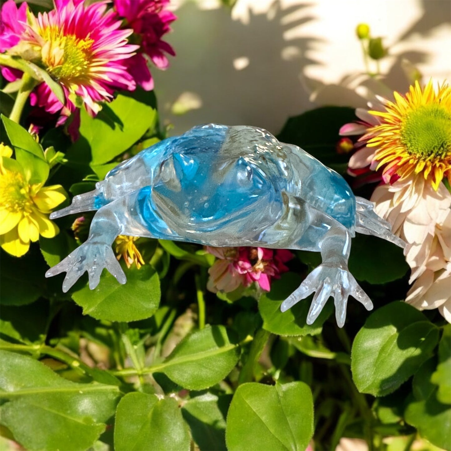 Handmade Clear & Blue Floral Resin Frog Sculpture – Botanical Pond Art