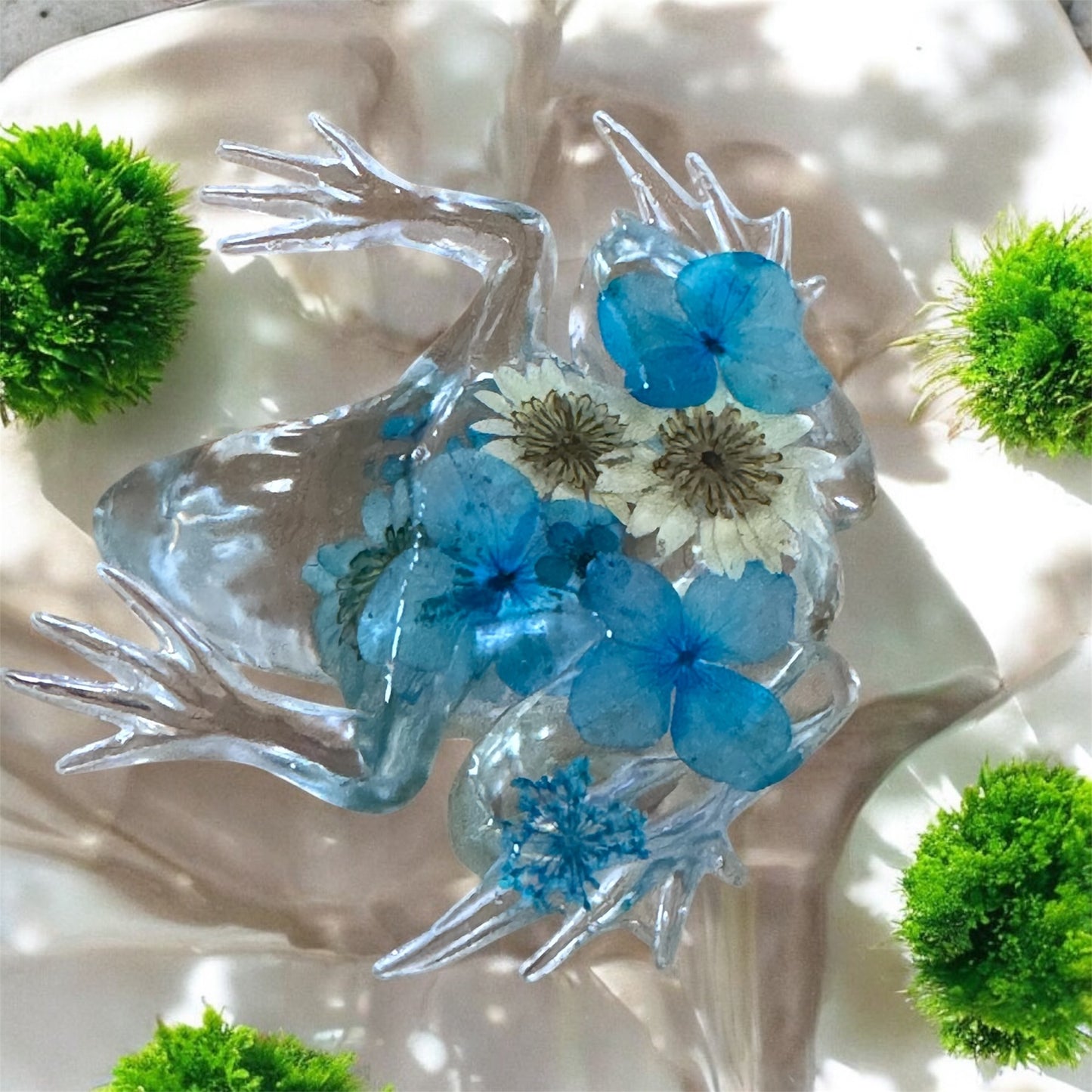 Handmade Clear & Blue Floral Resin Frog Sculpture – Botanical Pond Art