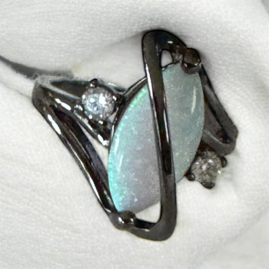 “Celestial Orbit” Black-10k gold Ring with Marquise Opal and CZ Accents – Size 6