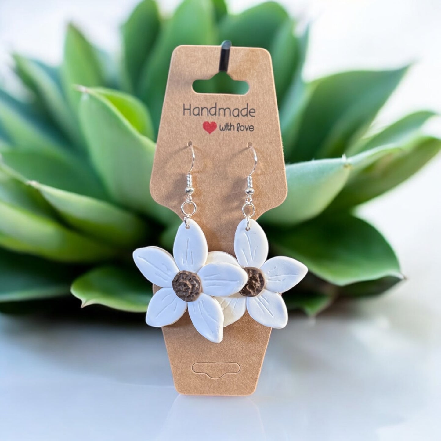 White Daisy Earrings – Polymer Clay & Sterling Silver