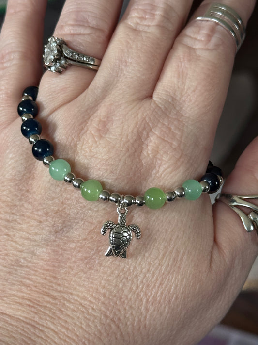 Ocean Harmony Bracelet – Blue & Green Beads with Sea Turtle Charm