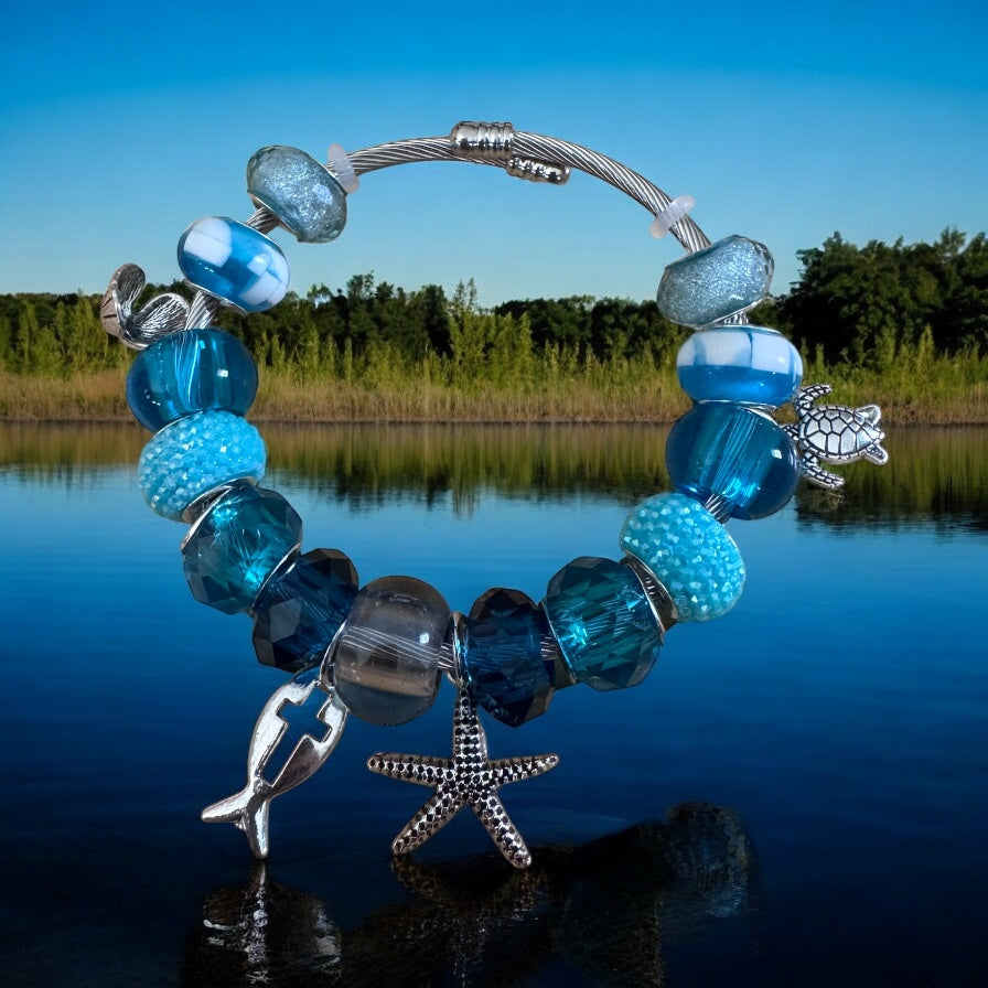 Ocean Breeze Charm Bracelet – Silver Wire Bangle with Blue Beads & Nautical Charms