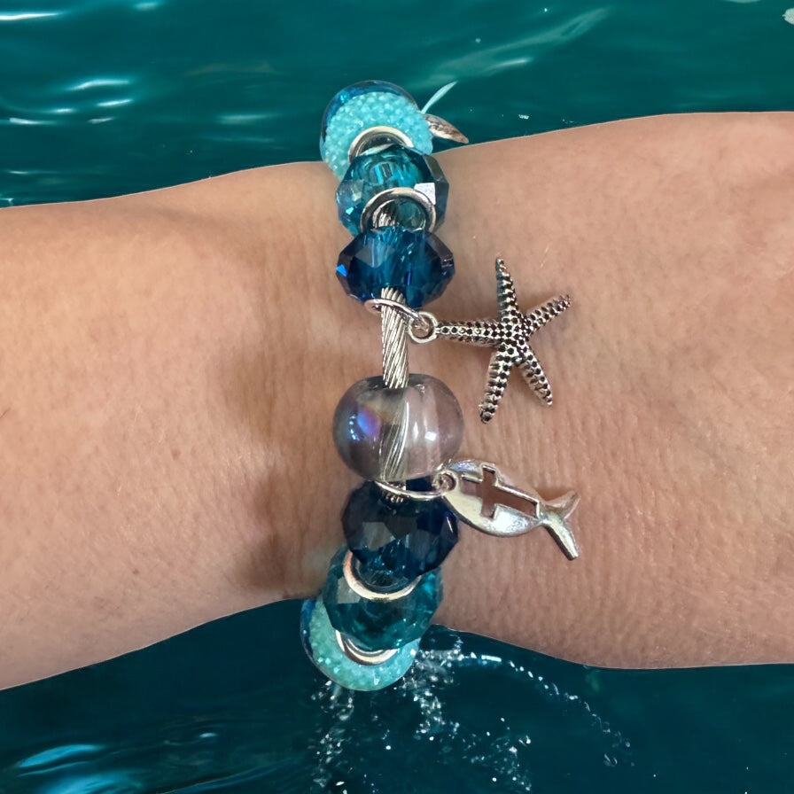 Ocean Breeze Charm Bracelet – Silver Wire Bangle with Blue Beads & Nautical Charms