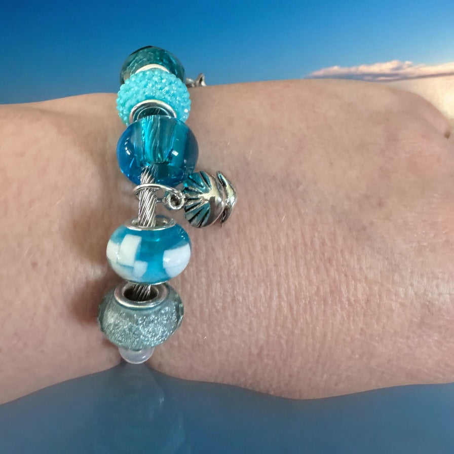 Ocean Breeze Charm Bracelet – Silver Wire Bangle with Blue Beads & Nautical Charms