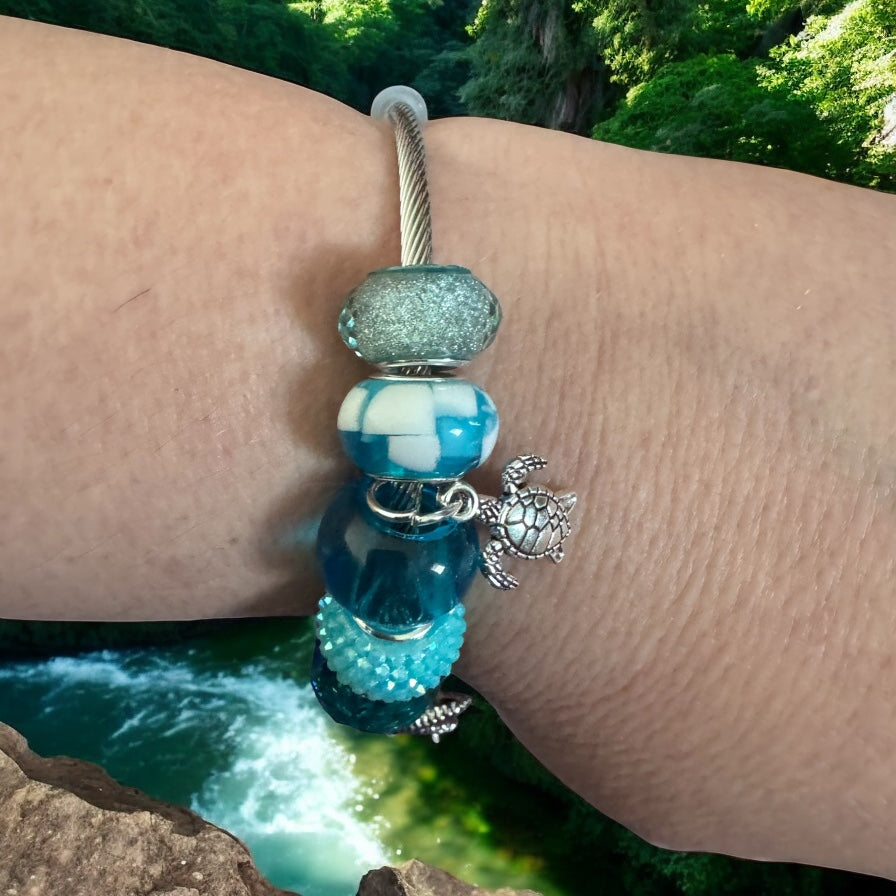 Ocean Breeze Charm Bracelet – Silver Wire Bangle with Blue Beads & Nautical Charms