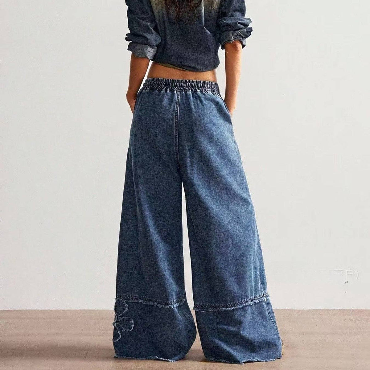 Boho Floral Patch Wide Leg Denim Pants
