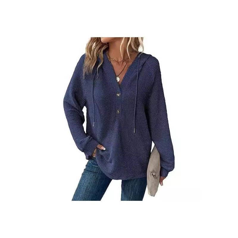 Waffle Drawstring Button V-Neck Hoodie Long Sleeve