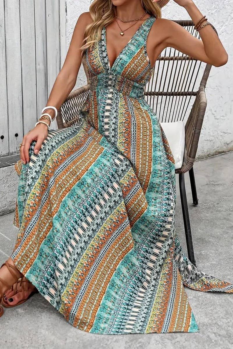 V-NECK BOHEMIAN LONG DRESS: MULTICOLOR