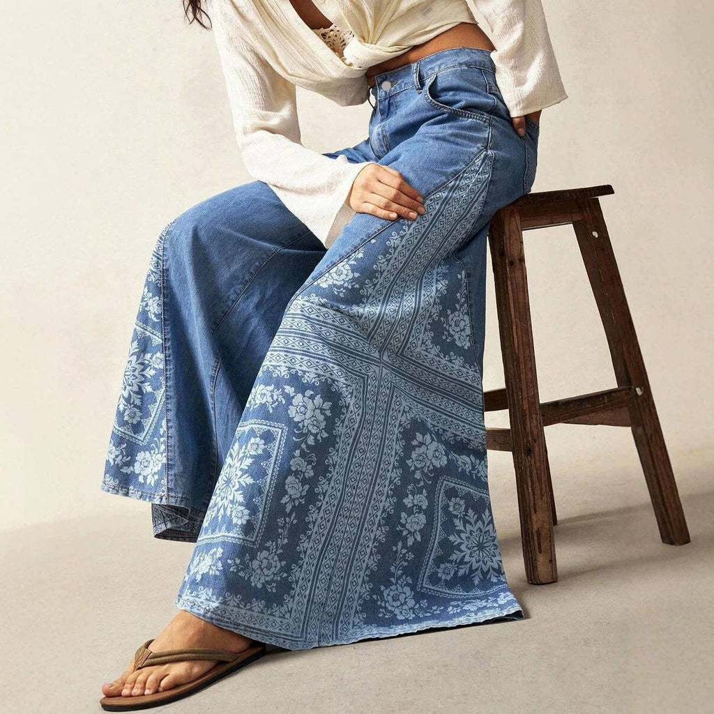 Boho Printed Wide Leg Palazzo Denim Pants