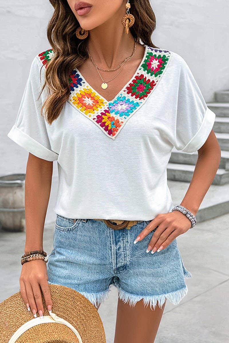 BOHO V-NECK SHORT SLEEVE COLORFUL CROCHET TOP different sizes have variance in crochet colors ￼