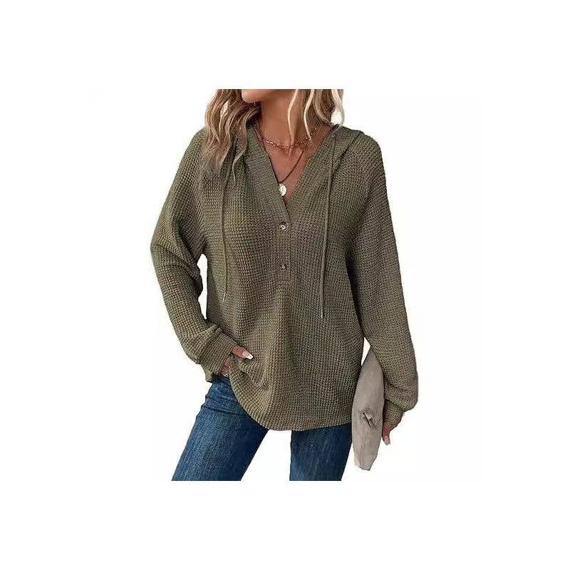 Waffle Drawstring Button V-Neck Hoodie Long Sleeve