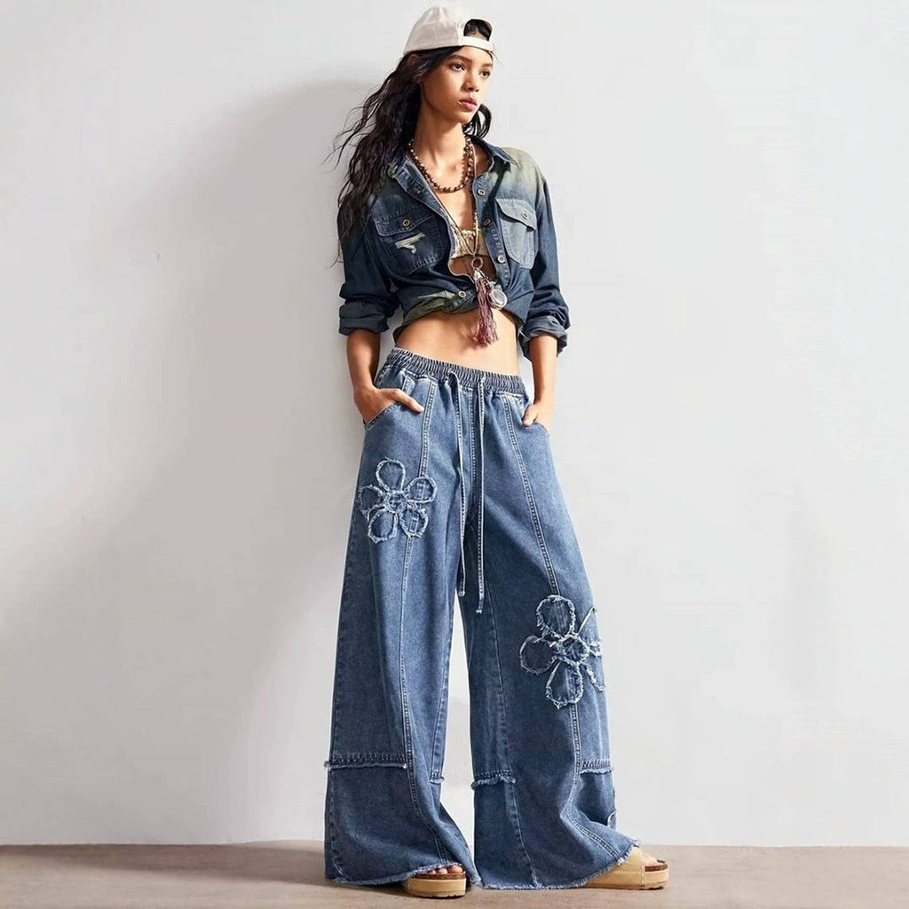 Boho Floral Patch Wide Leg Denim Pants