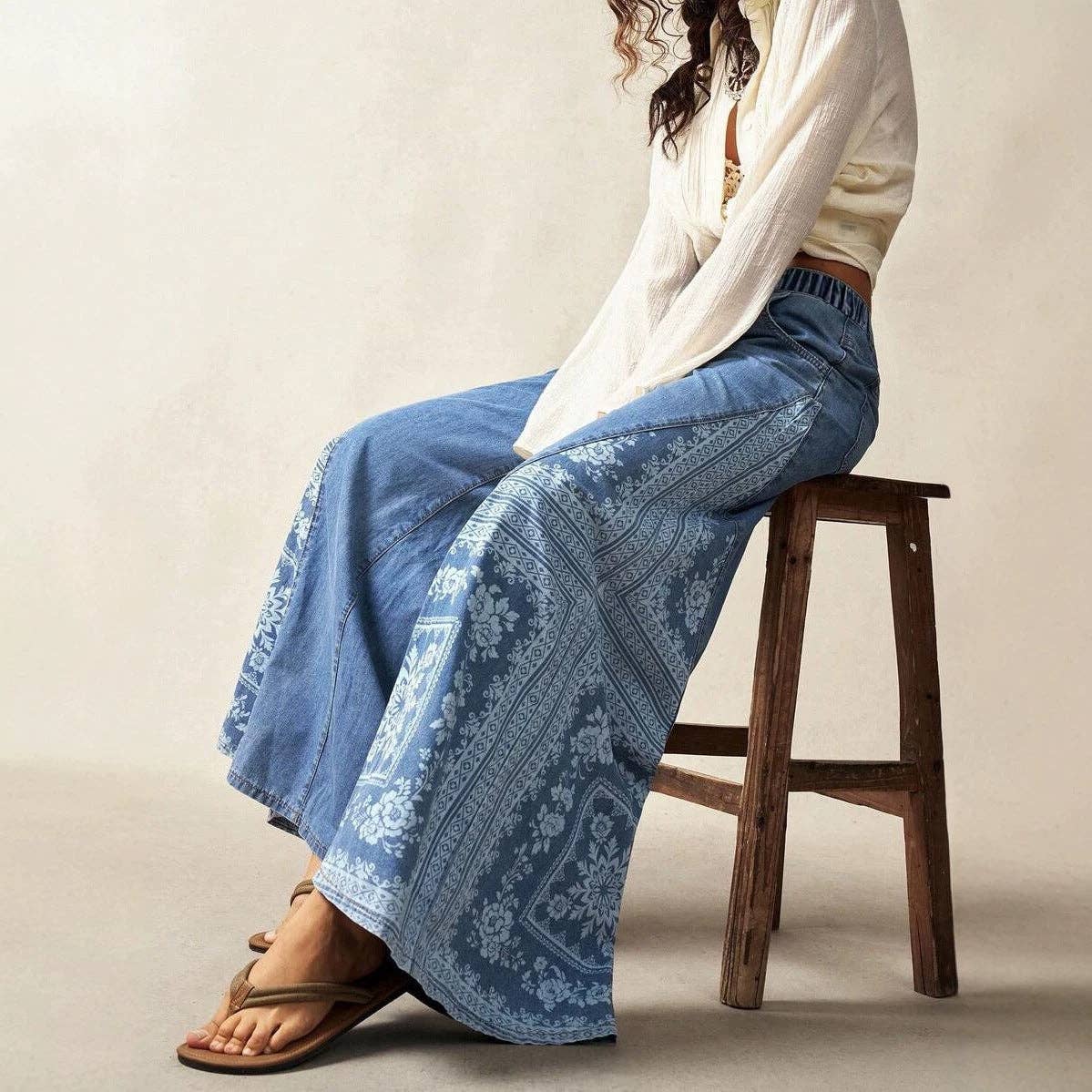 Boho Printed Wide Leg Palazzo Denim Pants