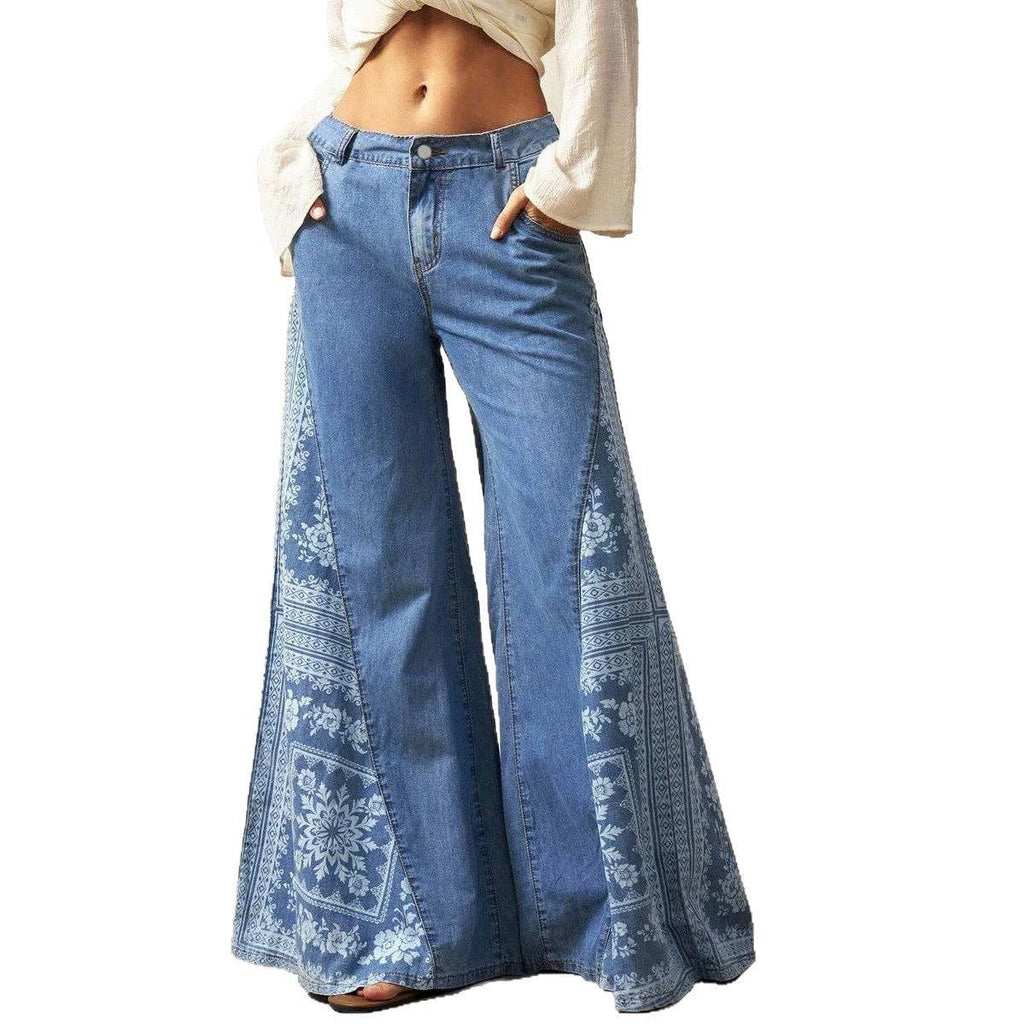 Boho Printed Wide Leg Palazzo Denim Pants