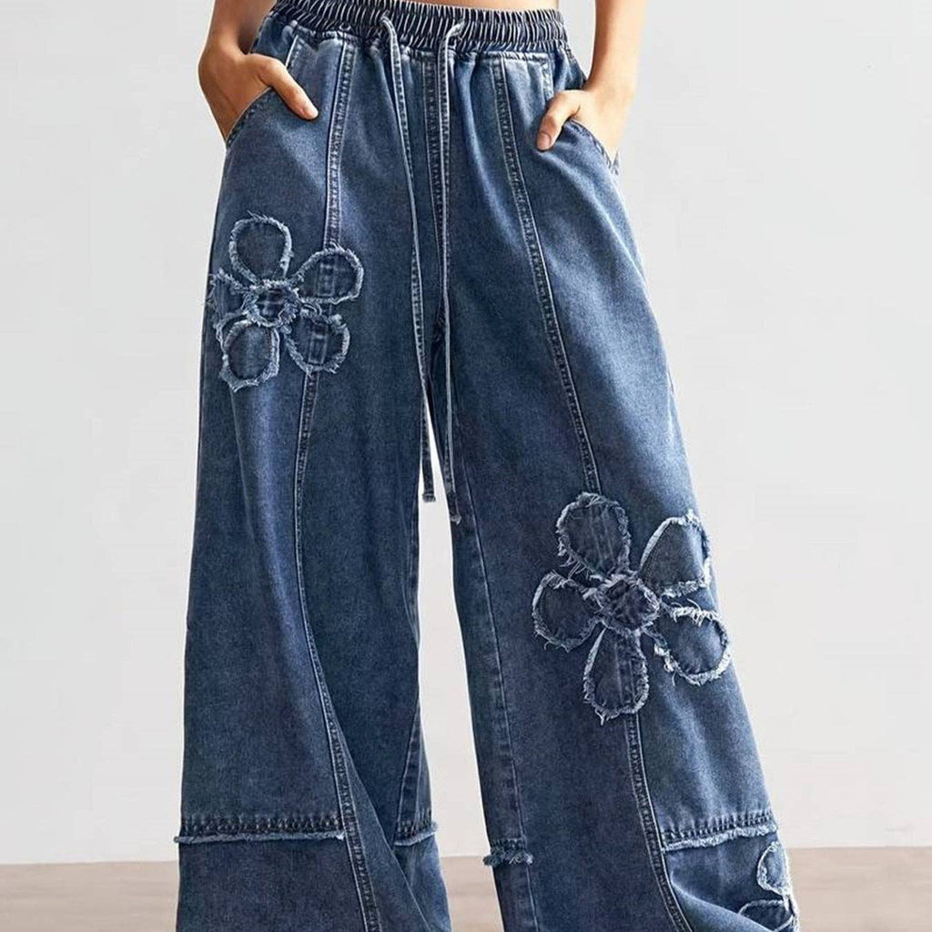 Boho Floral Patch Wide Leg Denim Pants