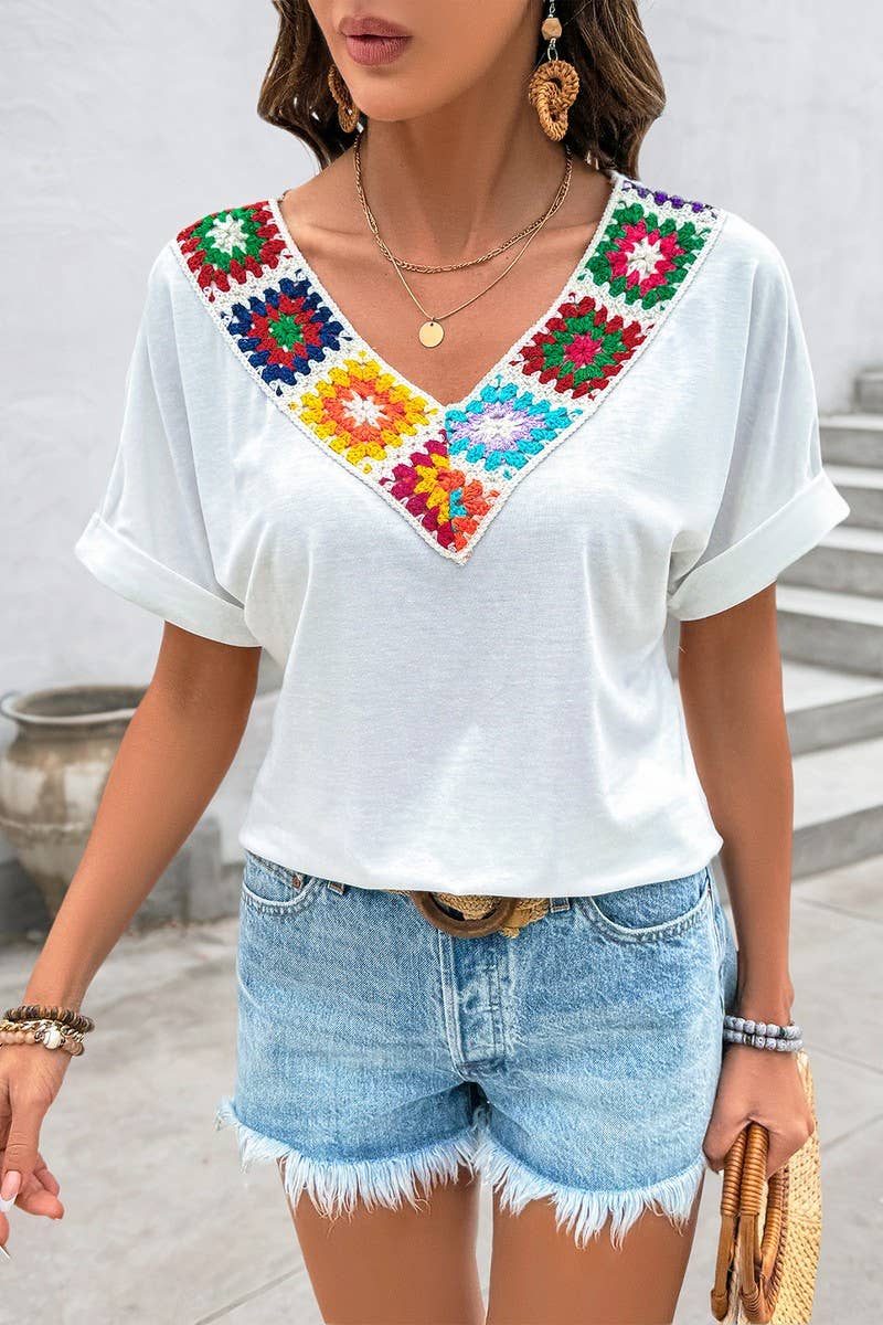 BOHO V-NECK SHORT SLEEVE COLORFUL CROCHET TOP different sizes have variance in crochet colors ￼