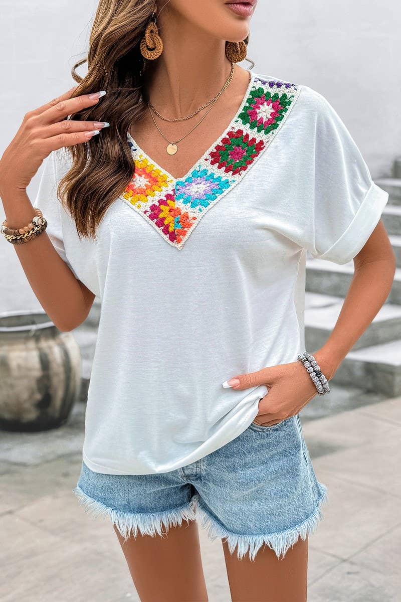 BOHO V-NECK SHORT SLEEVE COLORFUL CROCHET TOP different sizes have variance in crochet colors ￼