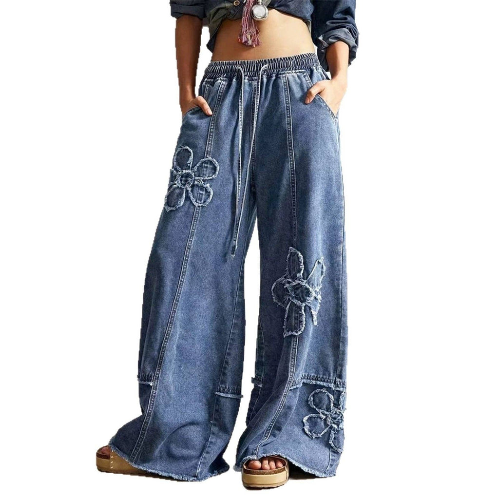 Boho Floral Patch Wide Leg Denim Pants