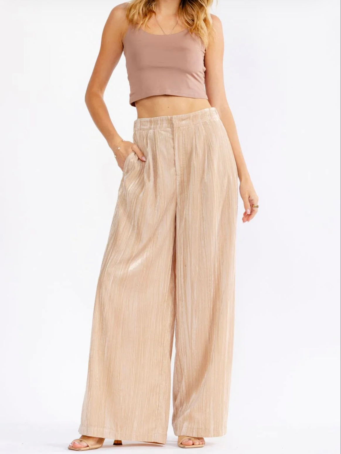 WOMEN'S BUTTON CLOSURE FRONT POCKETS WIDE LEG PANTS