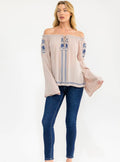 WOMEN'S LONG BELL SLEEVE EMBROIDERY DETAILED TUNIC BLOUSE color Mauve