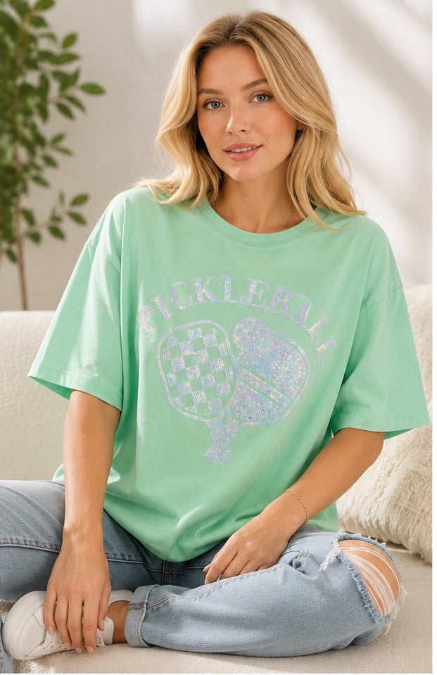 WOMEN'S SHORT SLEEVE SEQUINS GRAPHIC OVERSIZED T-SHIRt. Color-mint