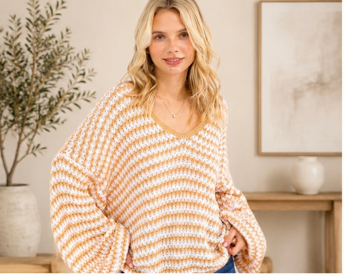 WOMEN'S LONG SLEEVE V-NECK OVERSIZED PULLOVER SWEATER. Color-mustard