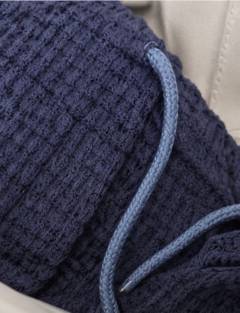 Waffle Drawstring Button V-Neck Hoodie Long Sleeve