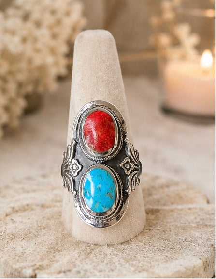 Turquoise and Coral sterling silver ring