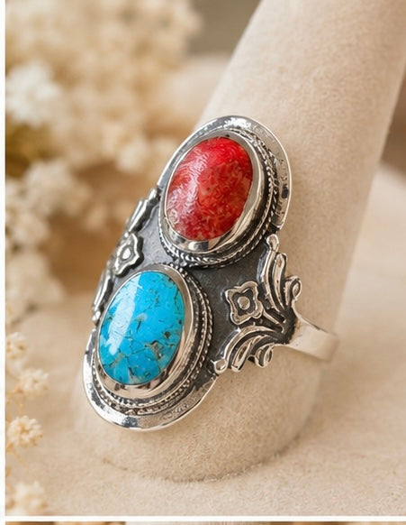 Turquoise and Coral sterling silver ring