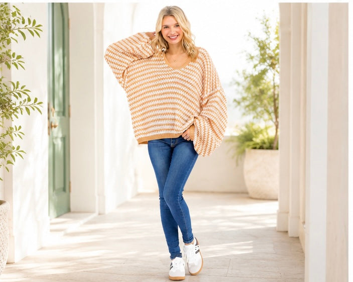 WOMEN'S LONG SLEEVE V-NECK OVERSIZED PULLOVER SWEATER. Color-mustard