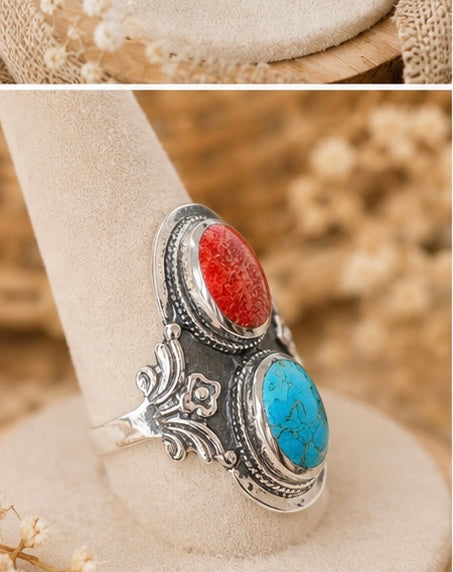 Turquoise and Coral sterling silver ring