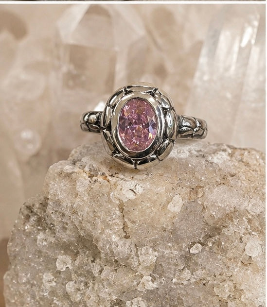Sterling Silver Pink CZ Oval Statement Ring