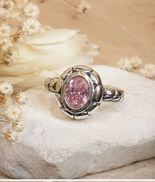Sterling Silver Pink CZ Oval Statement Ring