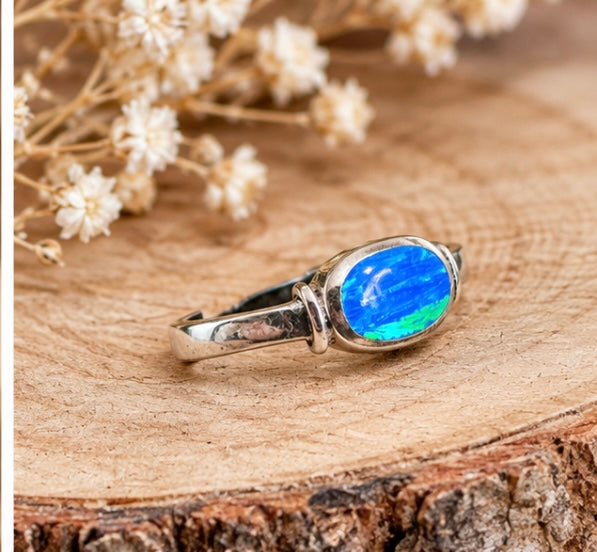 Sterling Silver Blue & Green Lab Opal Ring
