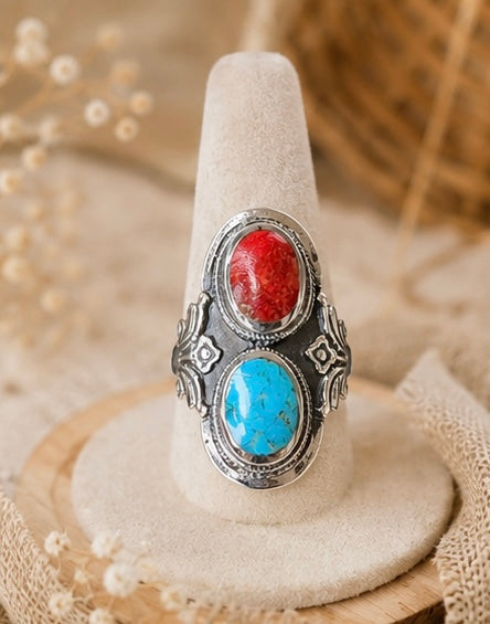 Turquoise and Coral sterling silver ring