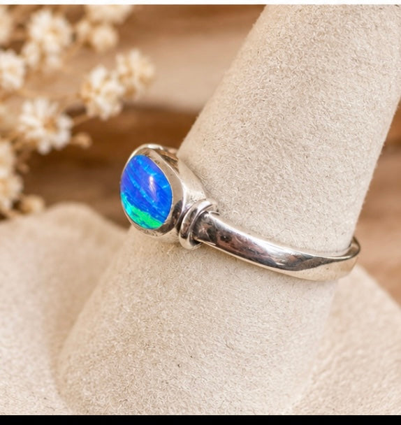 Sterling Silver Blue & Green Lab Opal Ring