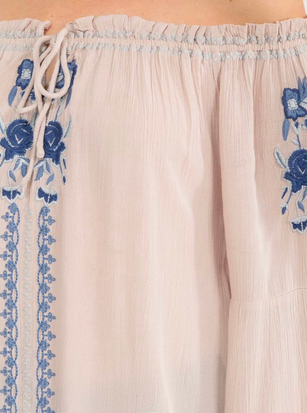 WOMEN'S LONG BELL SLEEVE EMBROIDERY DETAILED TUNIC BLOUSE color Mauve